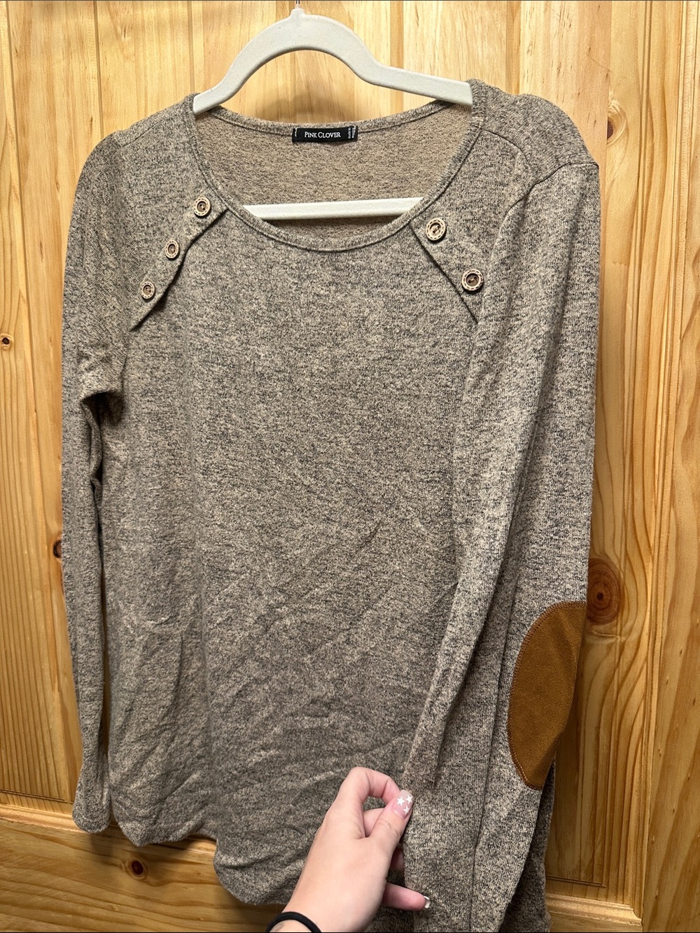 Prep Coterie Taupe Button-Detail Long Sleeve Sweater with Brown Elbow Patches